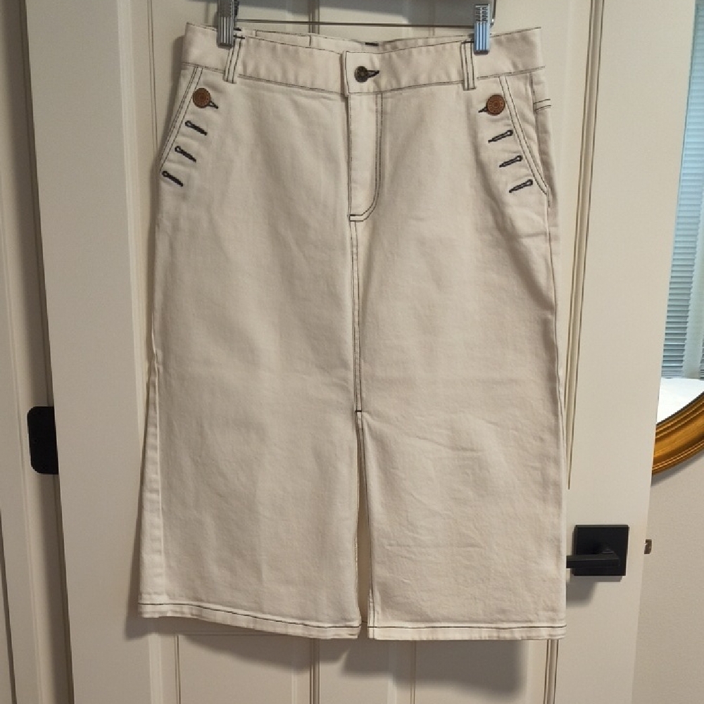 See By Chloe White Denim Midi Skirt,  Marked Size 44 (US Size 12)
